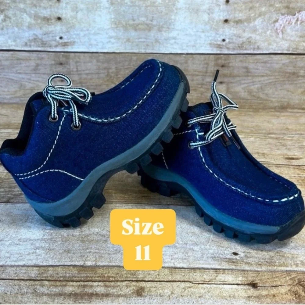Redhawk Kids Blue Denim Moc Toe Boots Lace Up Lug Sole Shoes Size 11‎